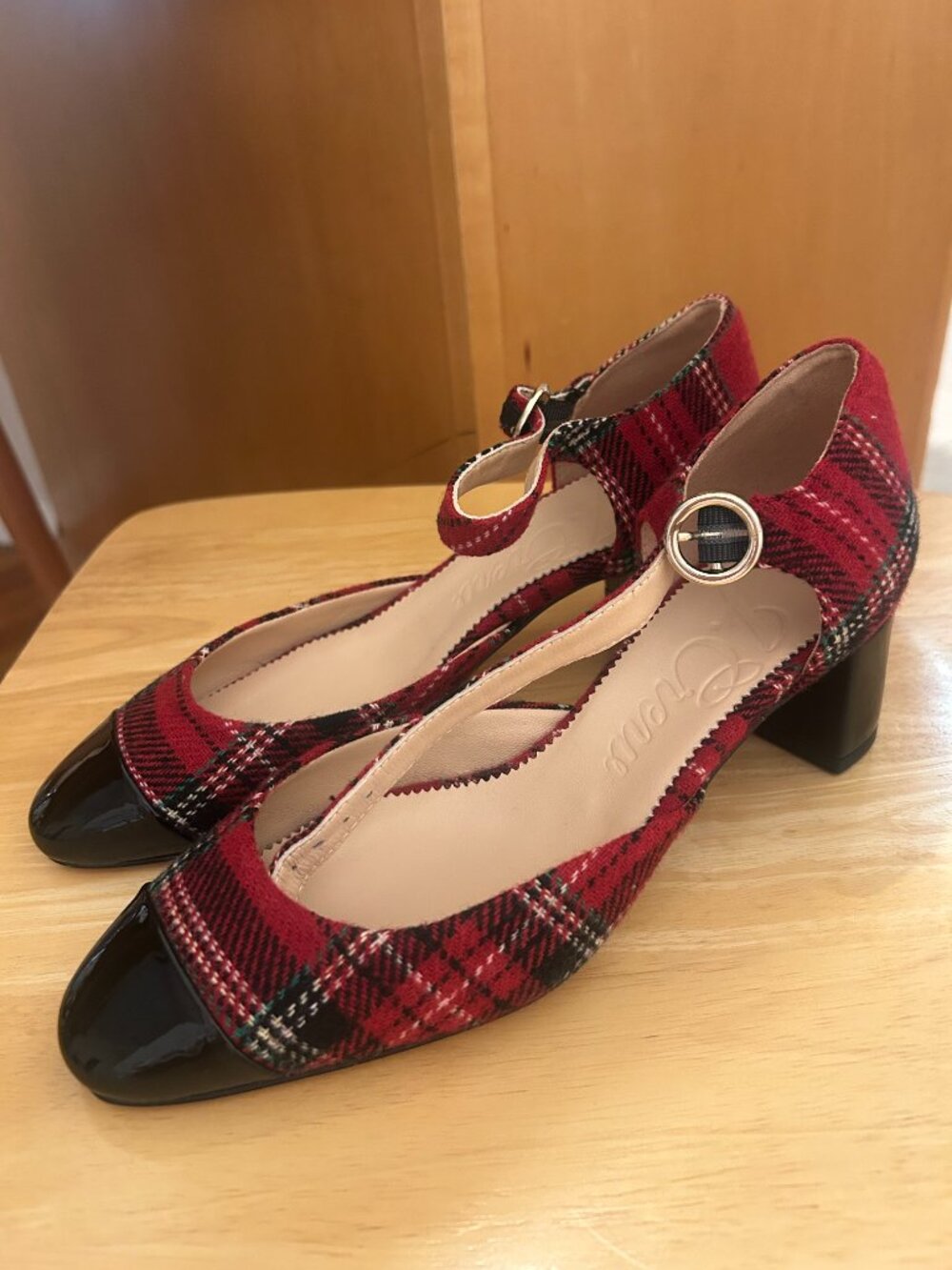 Red and black plaid J. Crew block heels, size 6